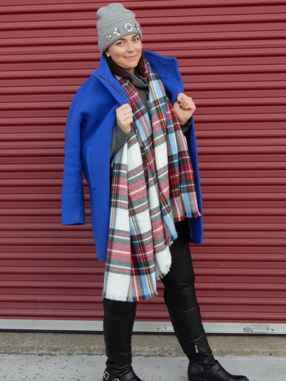Winter coats, blue winter coat, colorful winter coats, blinged beanie, sarah in style, sarahinstyle.com, sarah meyer, plaid scarf, loft, ann taylor, j. crew, vince camuto, windy city bloggers, fashion blogger, #wcbcstyle, chicago blogger, city style, celebrity pink
