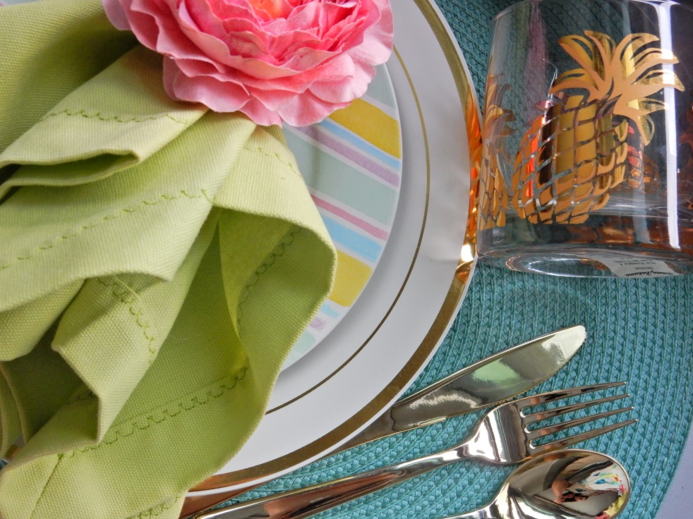 Sarah In Style, Dining Decor, Flirty Florals. Entertaining, Hosting, Event Planning, Decor, Decorating, Tablescape, Table decor, Table layout, Pier 1, Target, floral napkin rings, decorating on a dime, decorating on a budget, gold silverware, plastic gold silverware