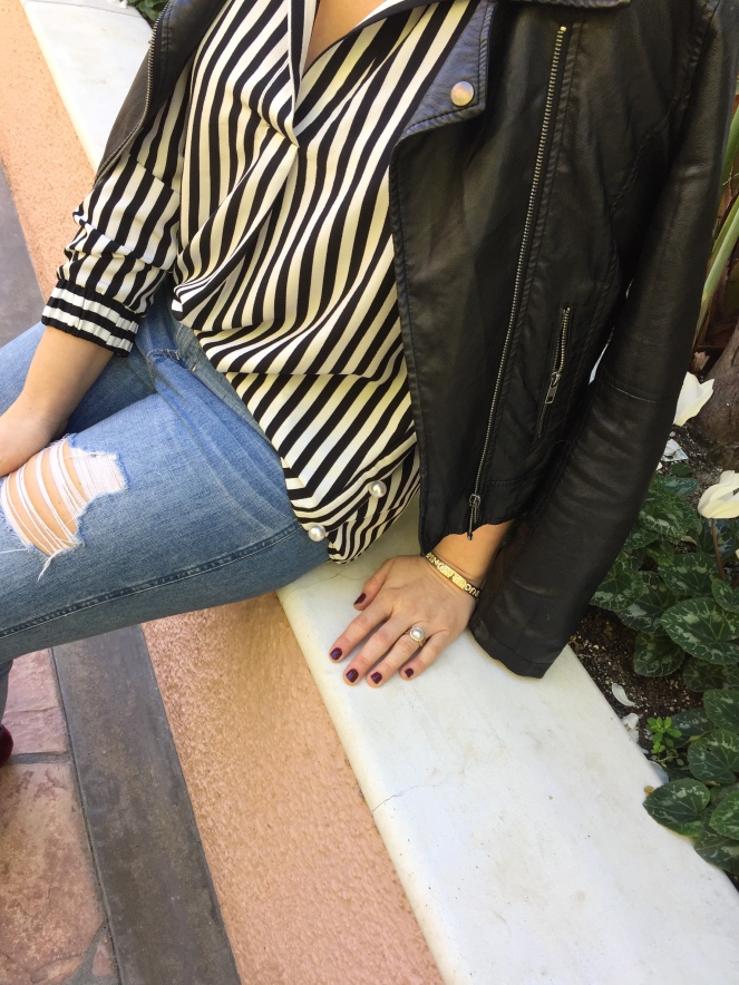 vegan nail polish, Sarah In Style, SarahInStyle.com, Sarah Meyer, Beverly Hills Hotel, LA, California, Pink studded purse, black and white stripes, velvet flats, bow flats, ripped jeans, winter trends, fashion trends, fashion blogger, out of the day