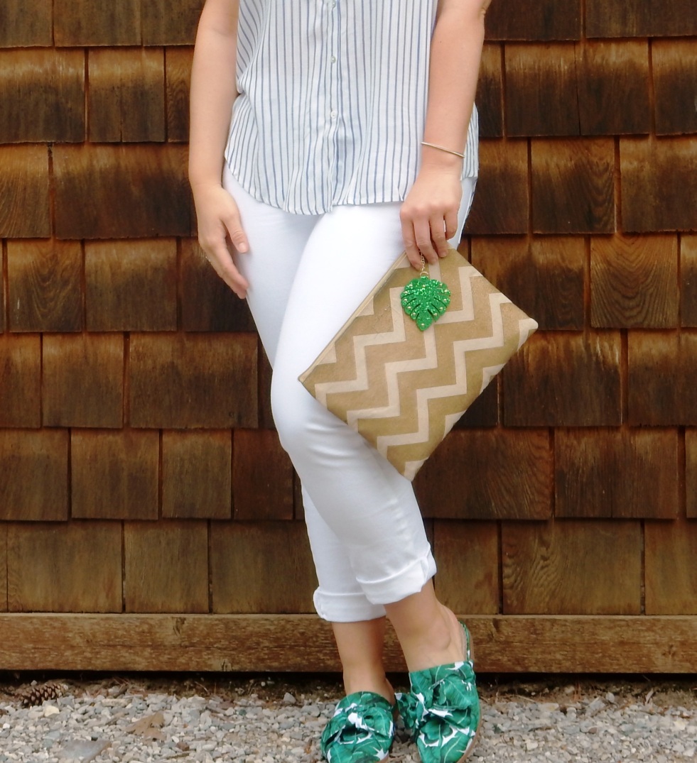 summer white, summer slides, summer mules, palm print shoes, palm print slides, soft surroundings shoes, perfect summer outfit, summer fashion tips, what to wear this summer, summer trends, blogger fashion tips, Sarah Meyer, Sarah In Style, Talbots girlfriend jeans, sunglass warehouse, mudpie gold clutch, palm leaf fashion