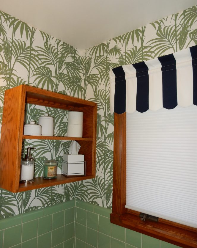 before and after, bathroom renovation, vintage green tile, vintage tile, bathroom oasis, tropical bathroom, wallpaper projects, bold wallpaper, wallpaper updates, bathroom updates, cabana striped valance, navy and white stripes, palm leaf wallpaper, Graham & Brown, Graham and Brown, wallpaper tips, wallpaper DIY, Sarah In Style, blogger DIY, apartment therapy before and after