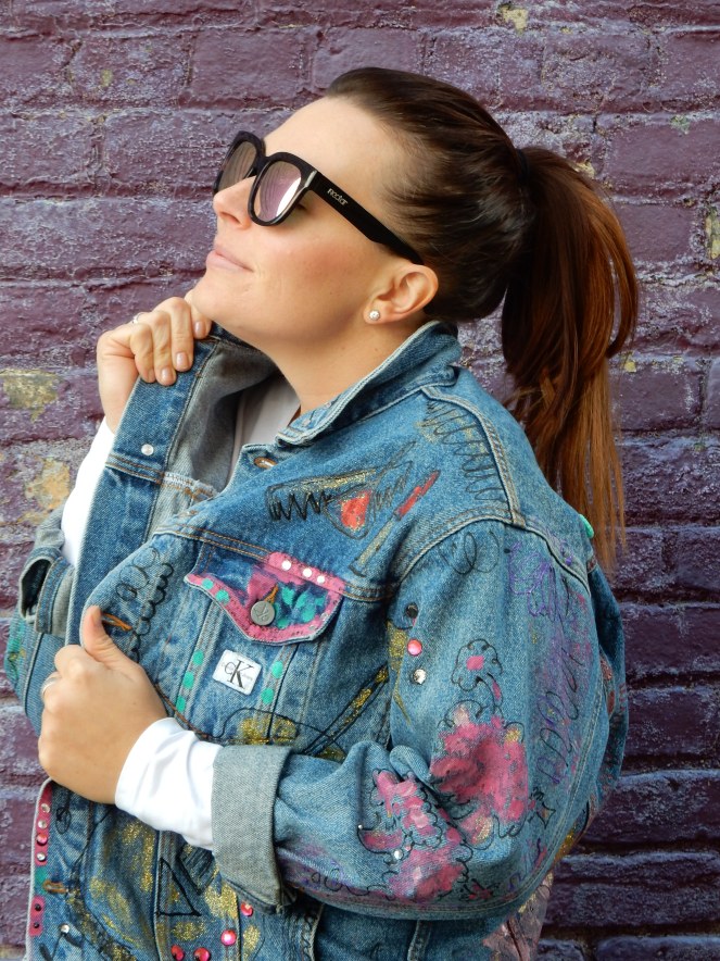 90's Jean Queen, Jean Queen, What's Old Is New Again, Retro Fashion, Painted Jean Jacket, Painted Denim Jacket, Bejeweled Jean Jacket, Calvin Klein Jean Jacket, Sarah In Style, Multi Color Glitter Sneakers, Kate Spade pink purse, Get out there, Sunglass Warehouse, Bay City Michigan, Sarah Meyer, Fashion Retake