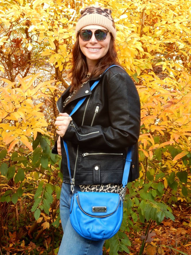 leather jacket, leather bomber, women's leather bomber, Topshop coats, Topshop leather jacket, Nordstrom Leather jacket, Leopard t-shirt, Leopard beanie, Blue crossbody bag, blue marc jacobs bag, sunglass warehouse, cool sunglasses, cute cheap sunglasses, get out there, #getoutthere, Sarah In Style, Sarah Meyer, fall fashion accessories, fall fashion must haves, the perfect jacket for any location, the perfect jacket for any season, falls must have coats, falls must have jackets, Sam Edelman booties, black studded booties, Cute fall fashions, how to dress for fall, leopard and leather, blogger fashion ideas, blogger fashion tips