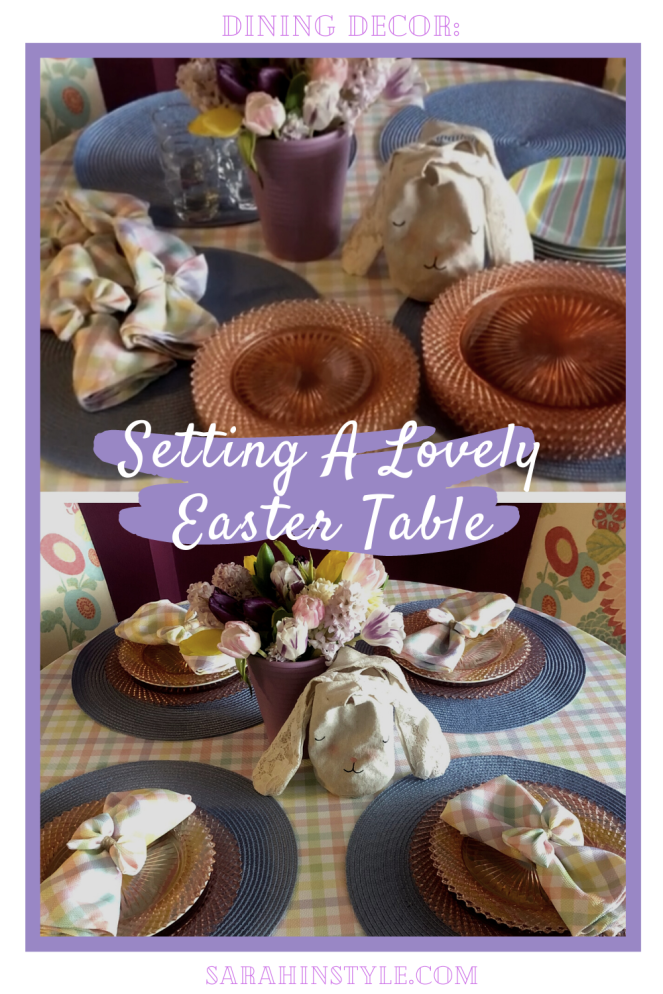 Sarah In Style, SarahInStyle.com, Sarah Meyer, Dining Decor, Hoppy Easter, Easter Table, Easter Decorating, Easter Decorations, Easter tablescapes, Spring tablescapes, spring tablescape, decorating for Easter, incorporating family traditions, where did the easter bunny originate, where is the easter bunny from, why do we hide easter eggs, cute table decor, miss america depressrion glass, pink miss america glass, plaid tablecloth, plaid napkins, bow napkin rings, table decorating ideas, wedding shower tables, baby shower tables, springtime decor. Easter 2021, Bed Bath and Beyond tableware